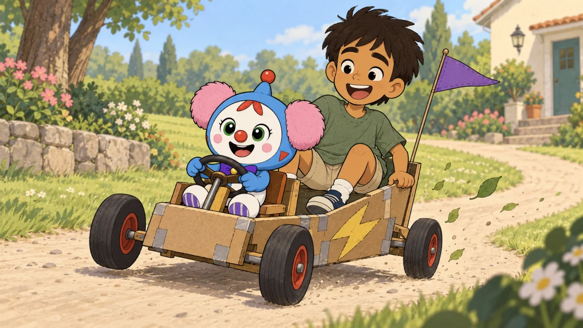 Babaru and Max riding a homemade go-kart along a sunny garden path