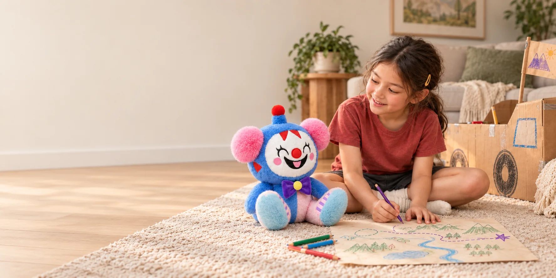 A child drawing an adventure map beside Babaru in a living room.