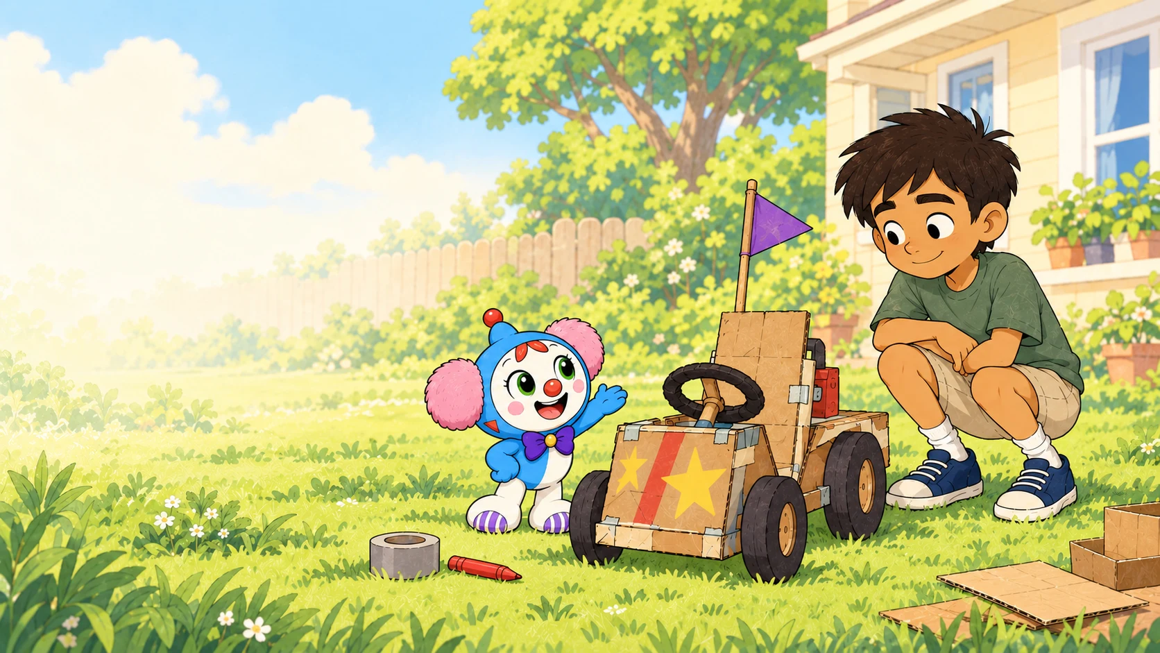 Babaru and Max building a cardboard go-kart in the garden
