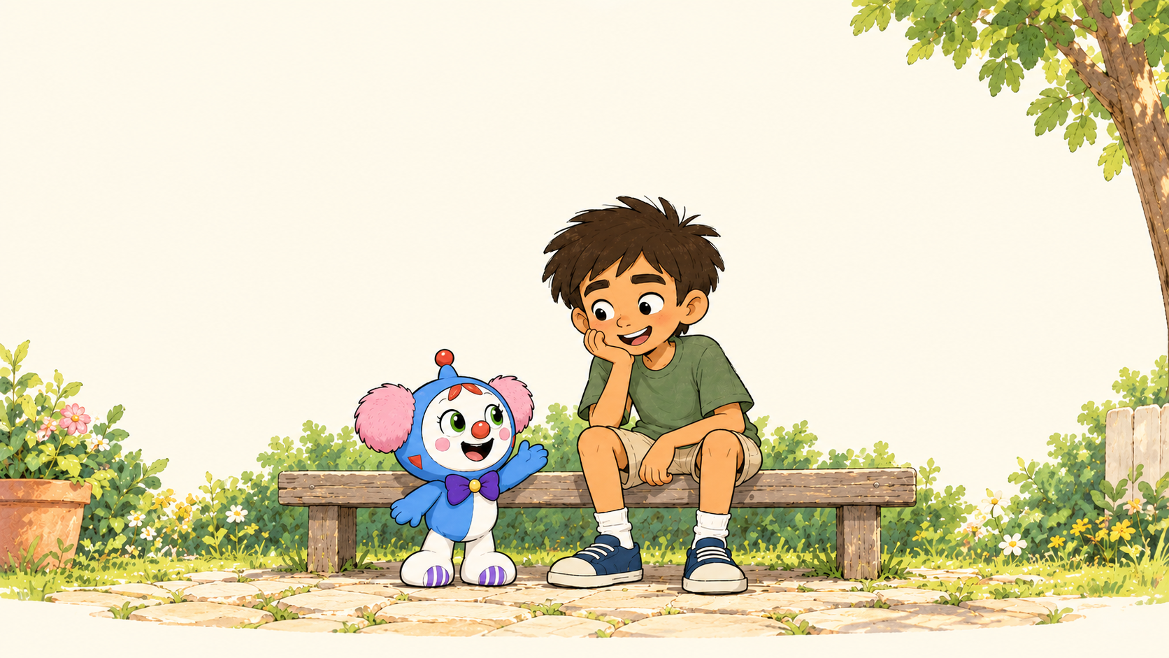 Babaru and Max sitting together on a garden bench