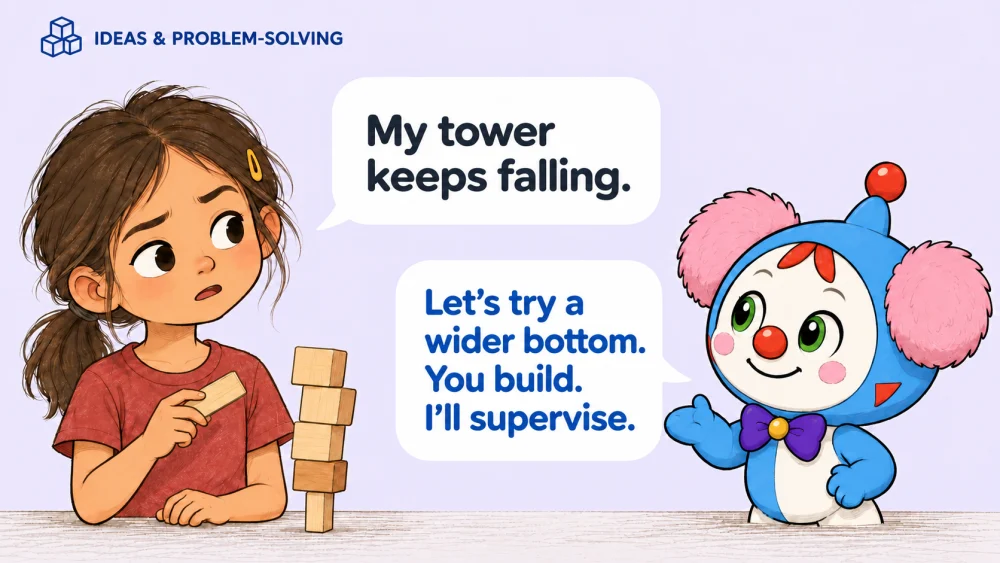 Ideas and problem-solving. Child: My tower keeps falling. Babaru: Let’s try a wider bottom. You build. I’ll supervise.