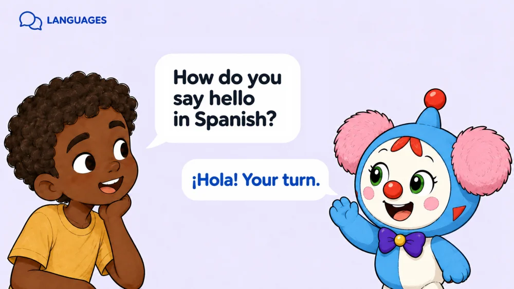 Languages. Child: How do you say hello in Spanish? Babaru: ¡Hola! Your turn.