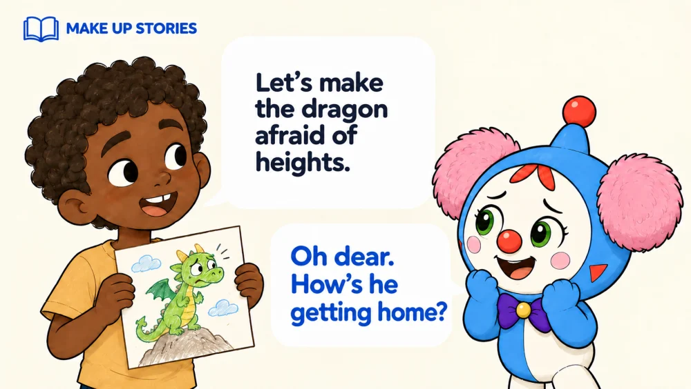 Make up stories. Child: Let’s make the dragon afraid of heights. Babaru: Oh dear. How’s he getting home?