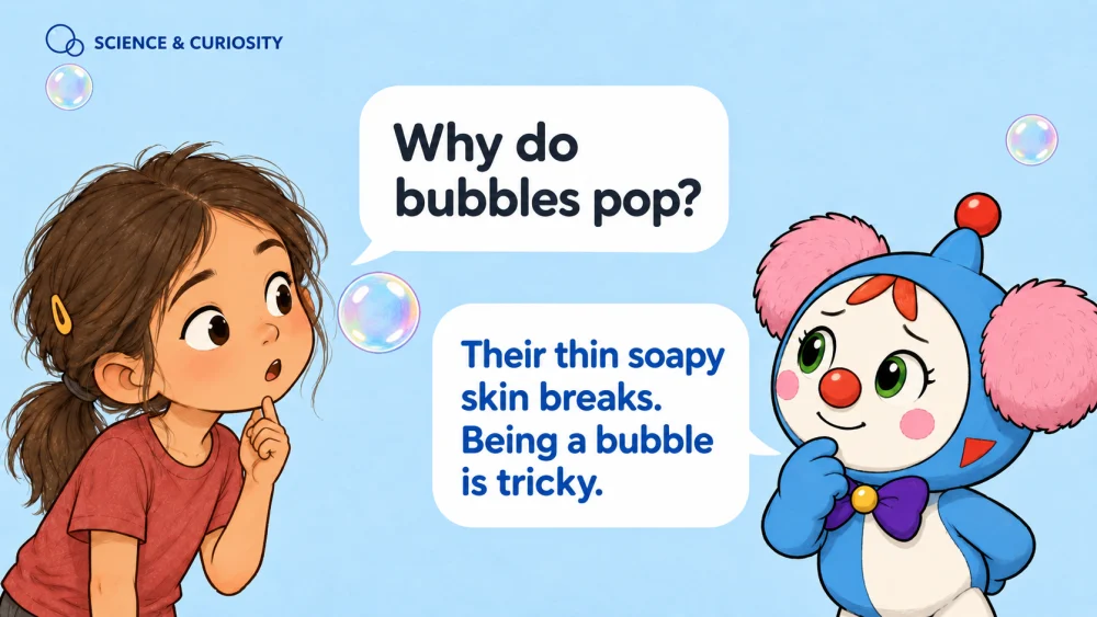 Science and curiosity. Child: Why do bubbles pop? Babaru: Their thin soapy skin breaks. Being a bubble is tricky.